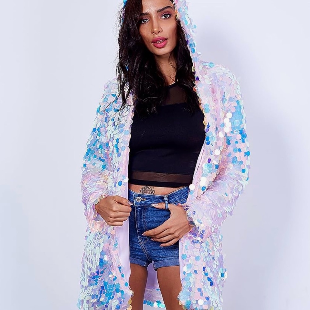 LED Sequin Hooded Jacket in Iridescent Blue and Pink